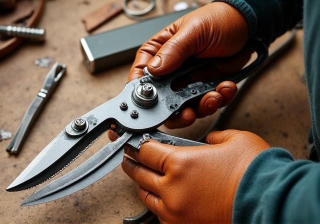 Mani esperte che puliscono e affilano cesoie da giardinaggio