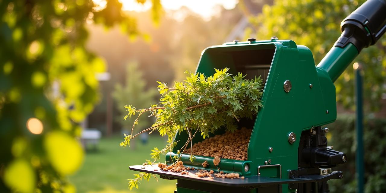 Un biotrituratore professionale in funzione in un giardino rigoglioso